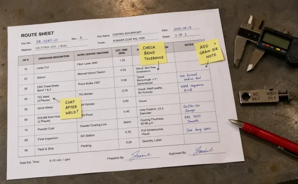 A route sheet document on a workbench with yellow sticky notes highlighting inspection points, operation sequence, and missing notes for review