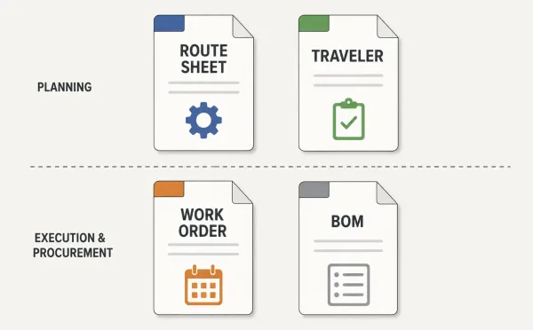 Infographic comparing route sheet, traveler, work order, and BOM documents with icons and labels