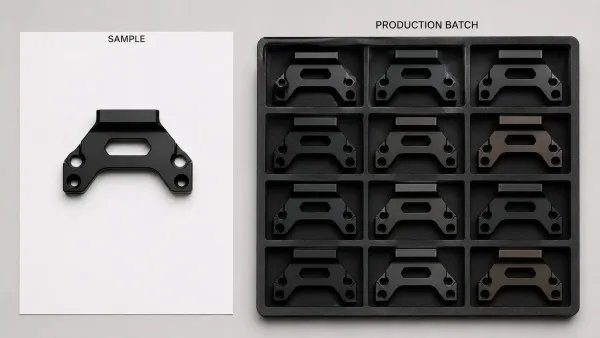 Diagram comparing a single perfect anodized sample against a production batch with visible color variation across multiple parts
