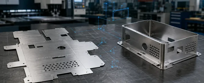 A sheet metal flat pattern layout transitioning into a folded 3D enclosure on a workshop background