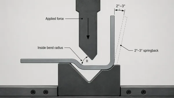 Technical diagram of sheet metal bending showing bend radius, applied force, and springback effect