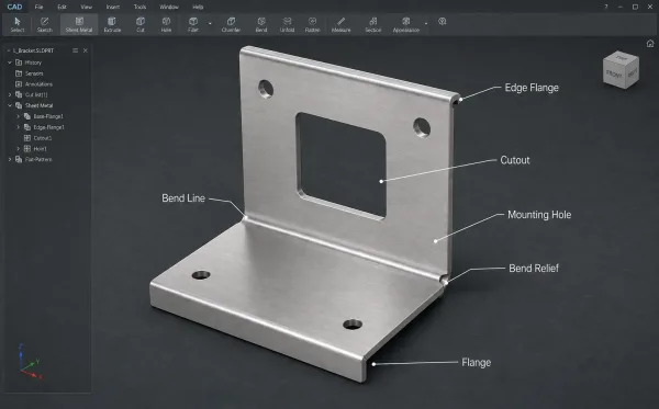 Annotated 3D CAD model of a sheet metal part showing bends, flanges, cutouts, and holes
