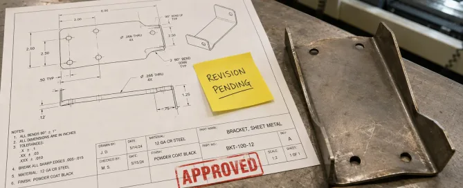 A sheet metal engineering drawing with an approval stamp next to a mismatched fabricated part
