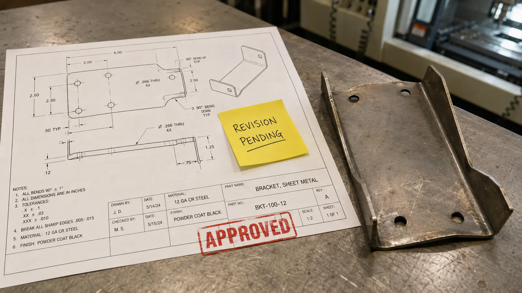 A sheet metal engineering drawing with an approval stamp next to a mismatched fabricated part