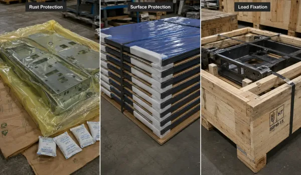Export packaging protection for carbon steel, coated surfaces, and heavy sheet metal parts