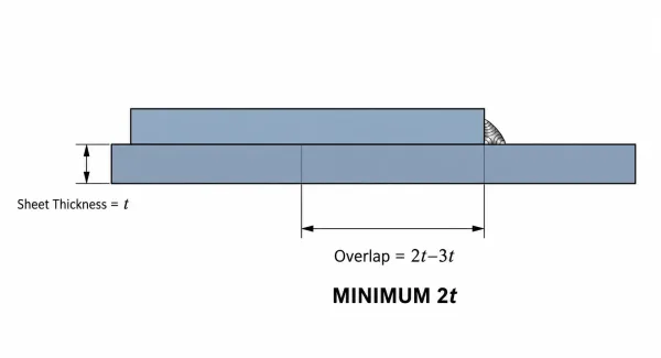 Technical diagram showing lap joint overlap dimension with 2t to 3t thickness ratio guideline