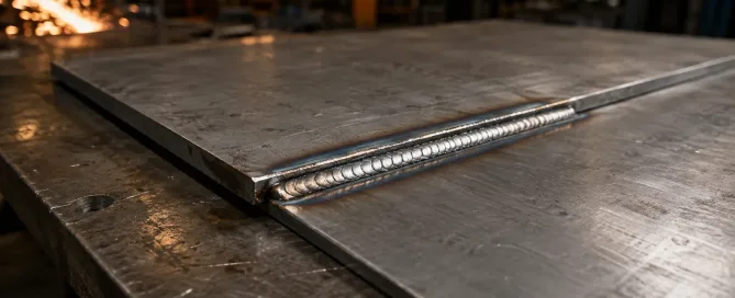Sheet metal lap joint welding close-up showing overlapping steel panels with weld bead