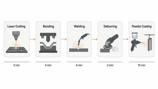 A horizontal process flow diagram showing the key manufacturing steps for a sheet metal part — laser cutting, bending, welding, deburring, and powder coating
