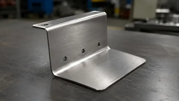 A stainless steel sheet metal bracket showing narrow flanges, tight bend radii, and holes near bend lines that increase NRE