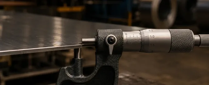 Close-up of a micrometer measuring cold-rolled steel sheet thickness