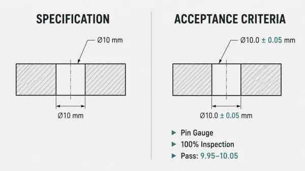 Technical comparison diagram showing the difference between a specification and acceptance criteria for a hole diameter