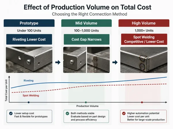 Spot welding and riveting cost comparison by production volume