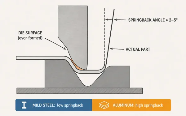 Technical cross-section diagram comparing intended formed shape versus actual springback result on a stamped sheet metal bend, with labels showing over-compensation