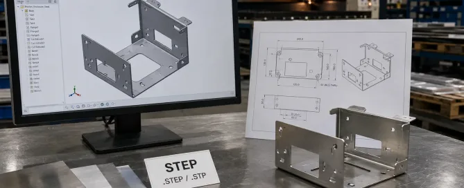 STEP file for sheet metal manufacturing with 3D CAD model and fabricated metal part