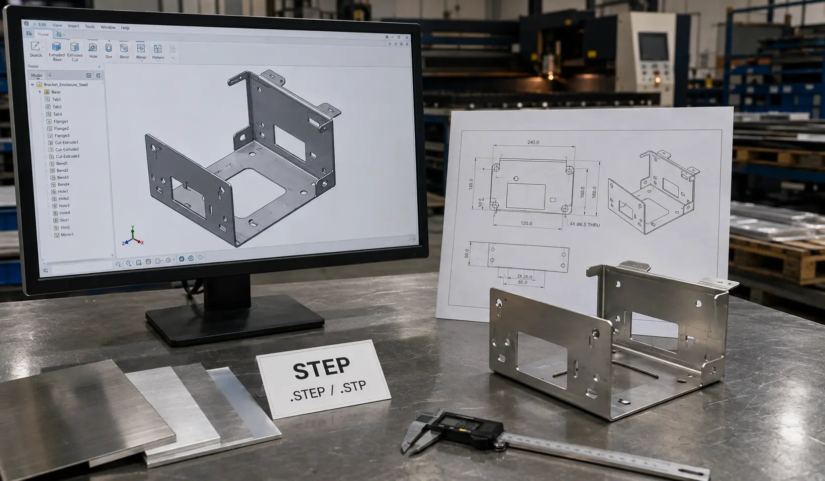 STEP file for sheet metal manufacturing with 3D CAD model and fabricated metal part