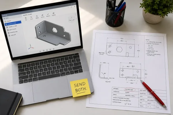 A complete manufacturing quote submission package showing a STEP 3D file and a PDF engineering drawing laid out together