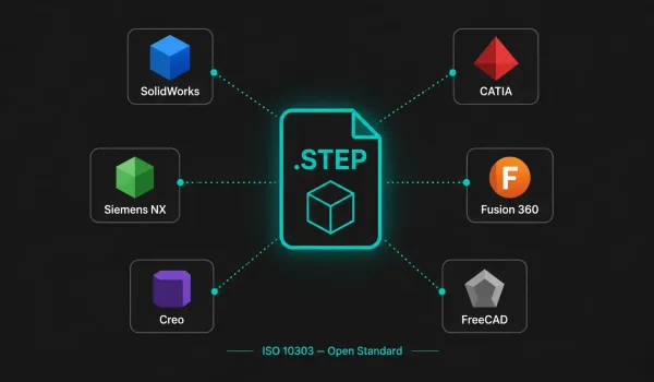 STEP file format transferring a 3D model between multiple CAD software logos