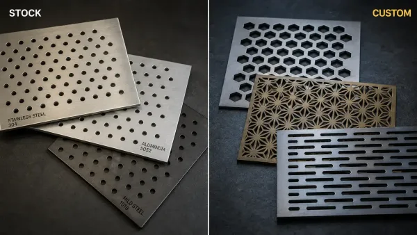 Side-by-side comparison of stock standard perforated sheets and custom-designed perforated panels showing differences in hole pattern and specification flexibility