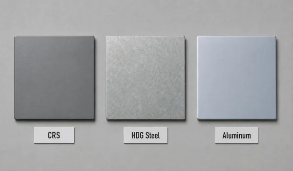 Three painted sheet metal samples on cold-rolled steel, galvanized steel, and aluminum showing how the same gray paint appears differently on each substrate