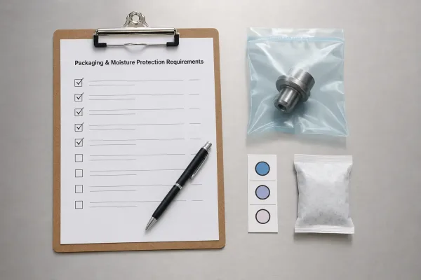 Packaging and moisture protection requirements checklist on a clipboard with VCI bag, humidity indicator card, and desiccant pack as reference items