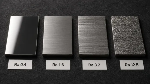  Four steel plates showing surface finish comparison from Ra 0.4 mirror polish to Ra 12.5 rough mill under raking side-light