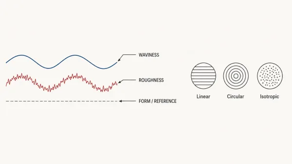 Technical cross-section diagram showing roughness, waviness, and lay as three layers of surface texture deviation