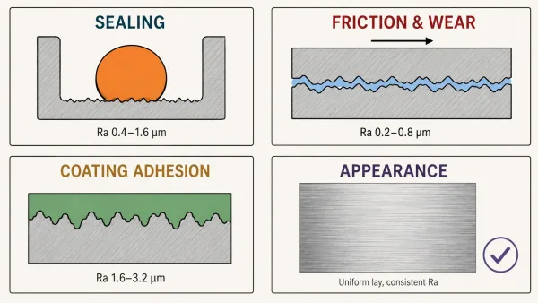 Infographic showing four ways surface texture affects part performance: sealing, friction and wear, coating adhesion, and appearance