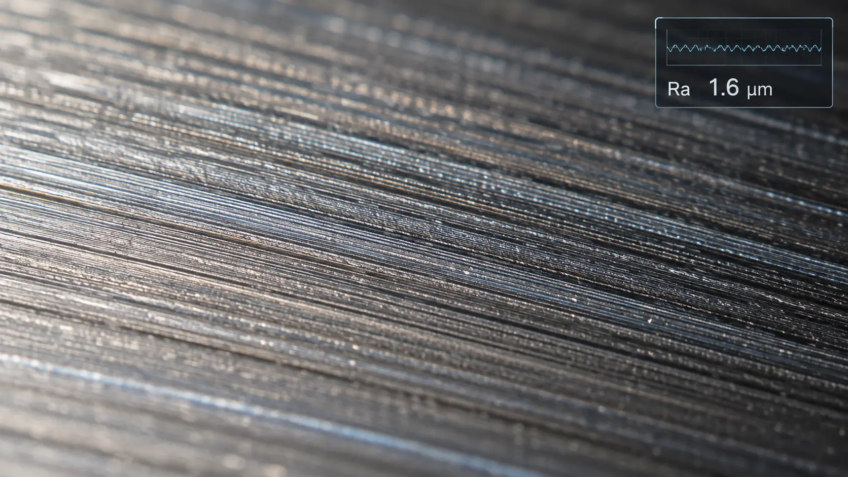 Close-up macro photograph of a machined metal surface showing visible tool marks, roughness peaks and valleys, with a surface roughness measurement readout overlay