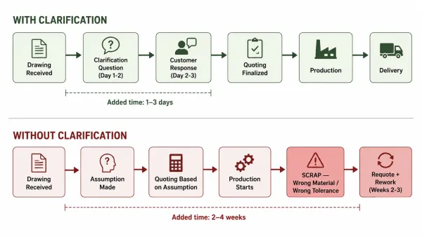 Timeline diagram showing how technical clarification affects manufacturing lead time and cost
