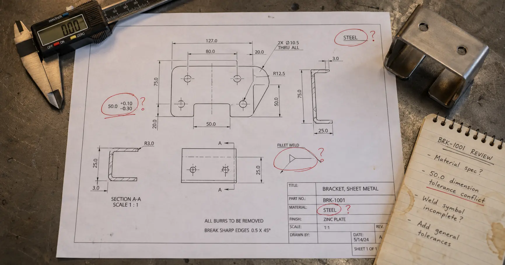 Engineering drawing on shop floor with red markup highlighting ambiguous specifications for technical clarification