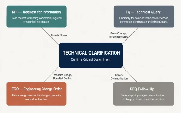 Diagram comparing technical clarification with RFI, TQ, ECO, and RFQ follow-up in manufacturing