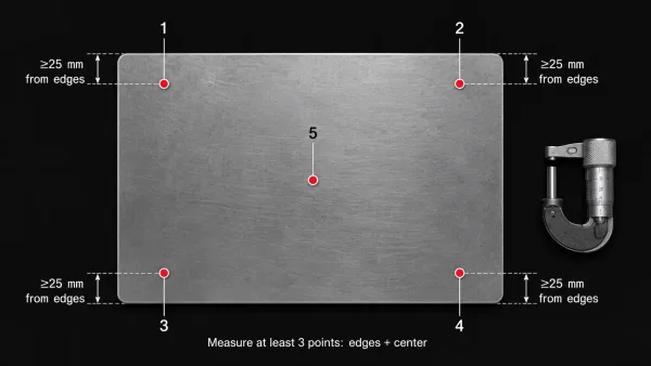 Top-down diagram of a sheet metal panel showing five recommended thickness measurement locations at edges and center