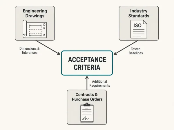 Diagram showing three sources of acceptance criteria: engineering drawings, industry standards, and purchase contracts