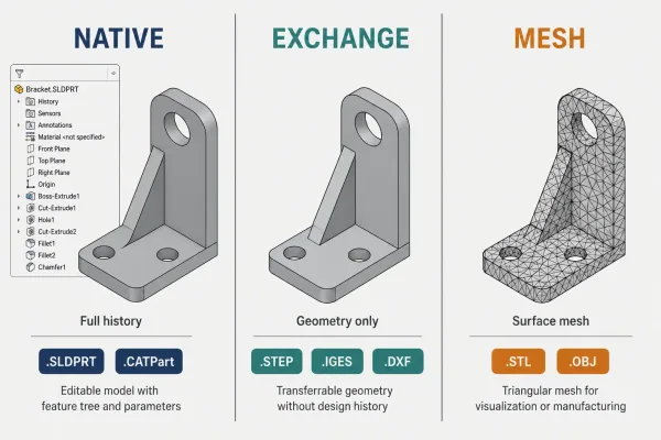 Infographic comparing native, exchange, and mesh CAD file formats with example file icons