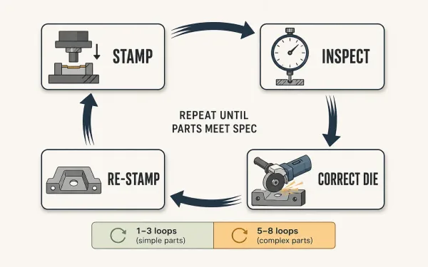 Technical flowchart showing the four-step die tryout correction loop cycle: stamp, inspect, correct, stamp again