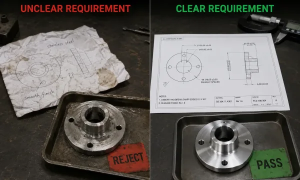Side-by-side comparison of rejected parts from unclear requirements versus approved parts from clear requirements