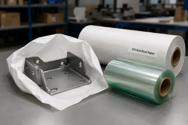 Sheet metal bracket wrapped in white VCI anti-rust paper alongside a roll of VCI poly film on a packing table
