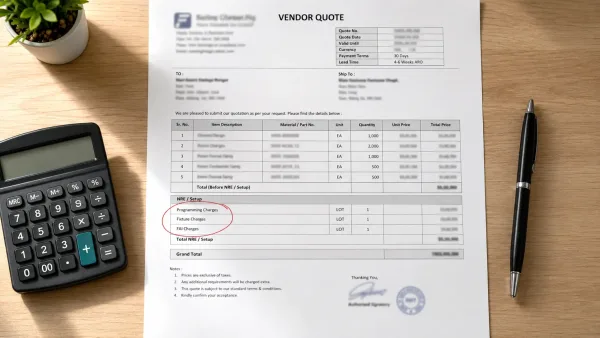 A printed vendor quote with NRE and setup charges circled in red, showing hidden cost line items