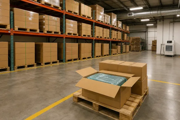Organized warehouse with sheet metal parts stored on elevated pallets with dehumidifier and ventilation for moisture control
