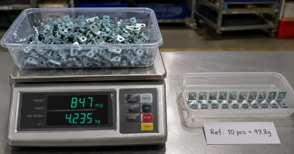 An industrial digital counting scale weighing a batch of identical sheet metal parts with the piece count displayed on screen