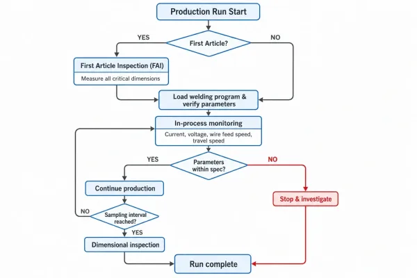Flowchart showing robotic welding production process control from first article inspection through in-process monitoring to dimensional sampling