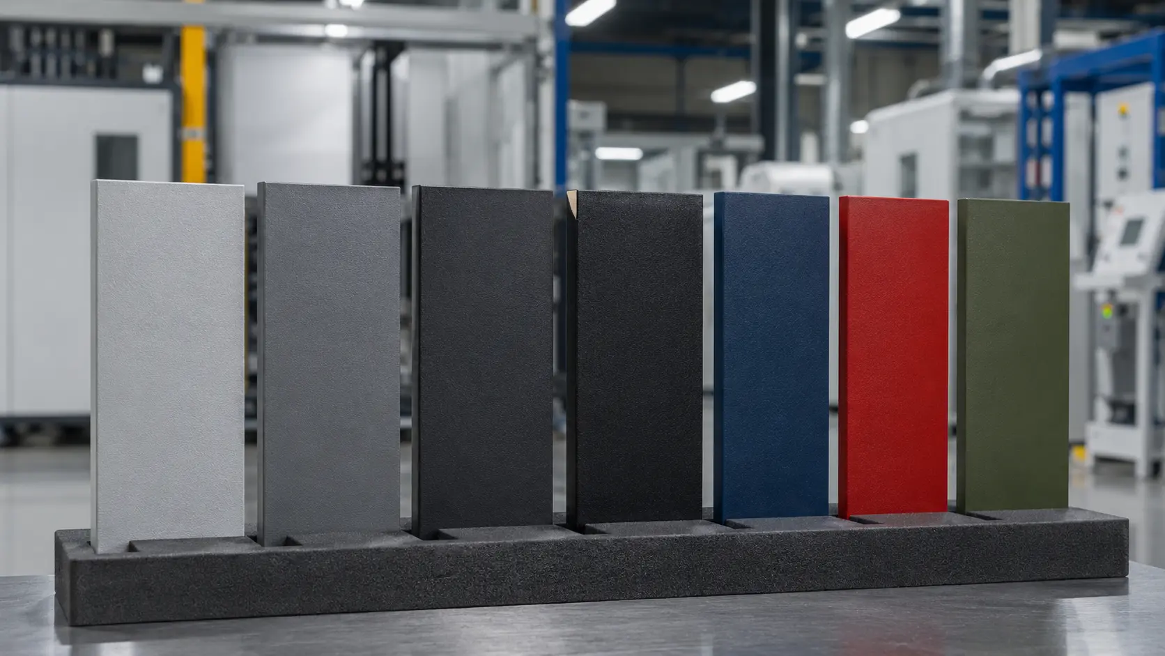Powder coated sheet metal samples showing durable and corrosion-resistant finishes