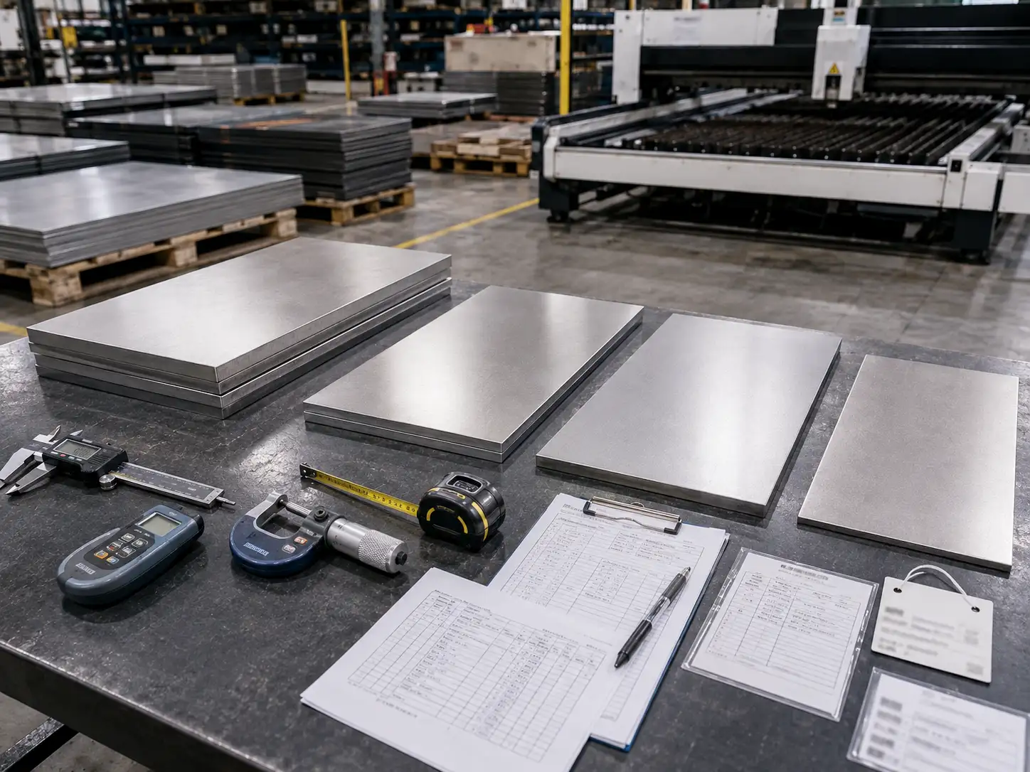 201 Stainless Steel Incoming Inspection and Grade Verification Incoming inspection of 201 stainless steel sheet with measuring tools and material certification documents