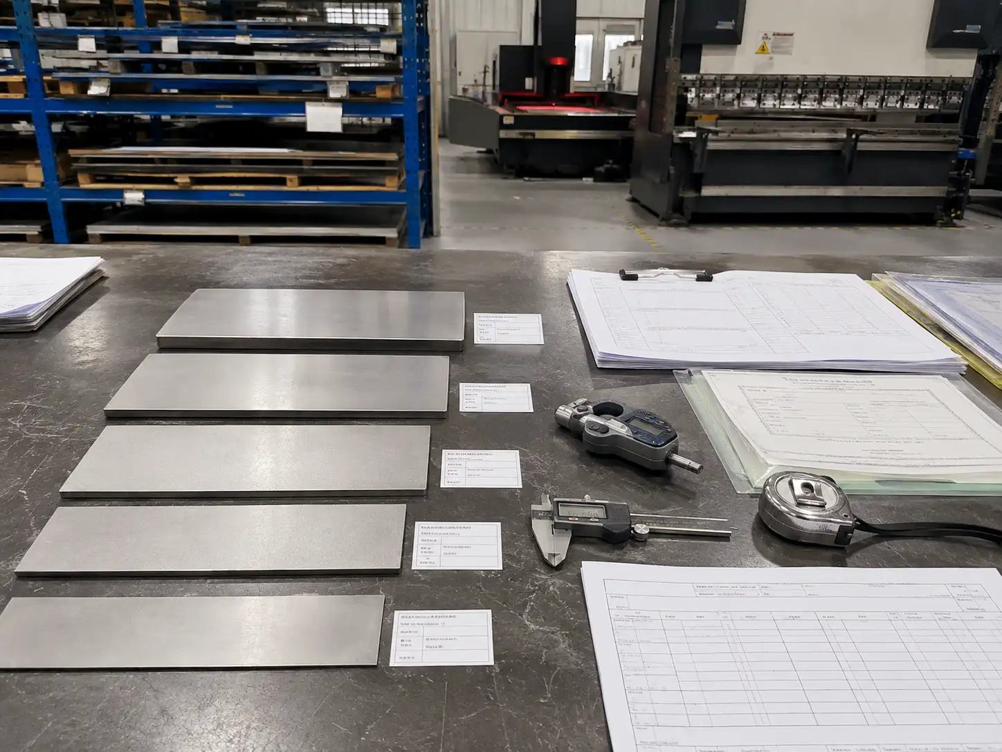 316L Stainless Steel Incoming Inspection and Grade Verification Incoming inspection of 316L stainless steel sheet with measuring tools and material certification documents