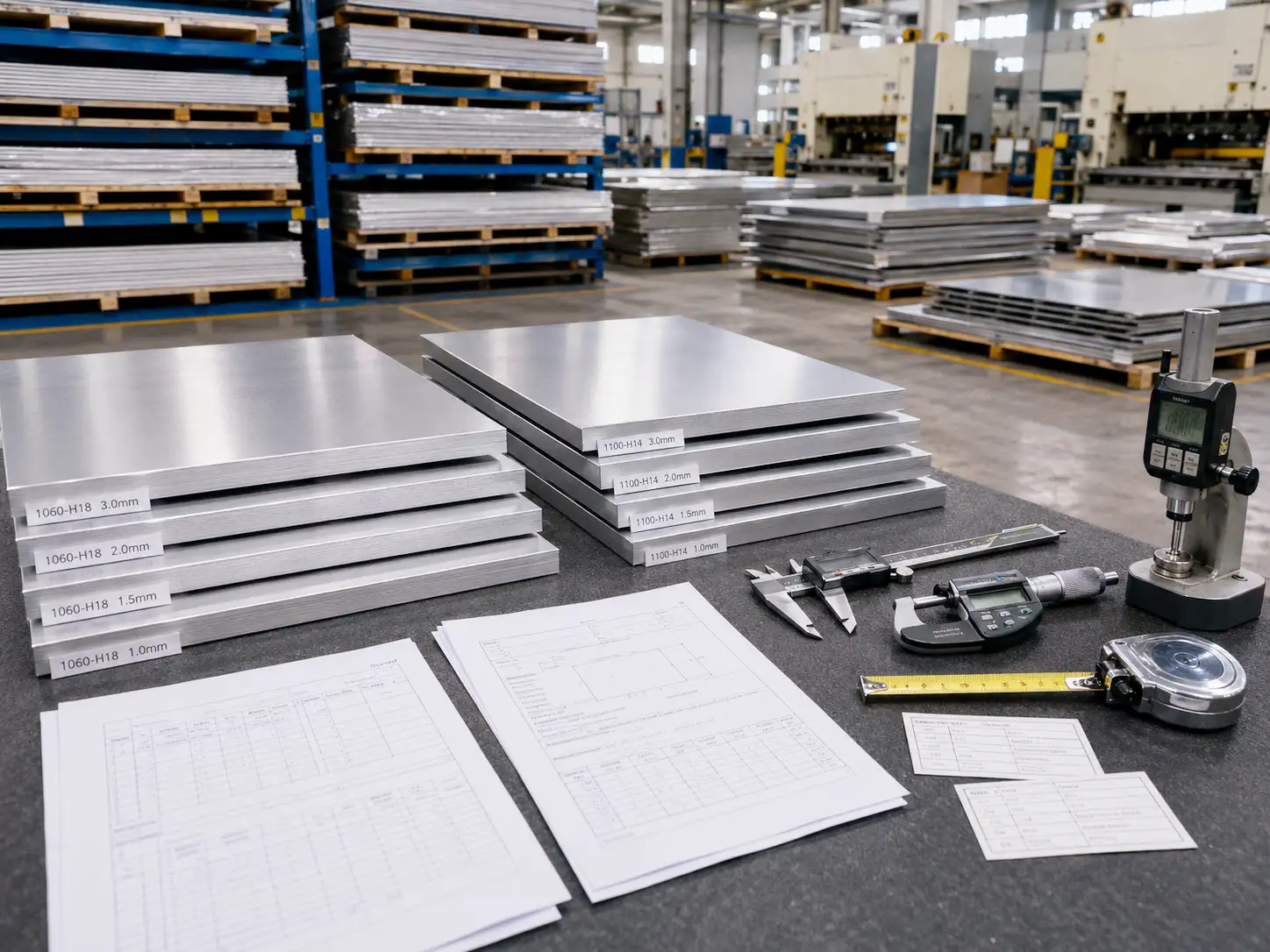 AA 1060 and AA 1100 Incoming Inspection and Grade Identification Incoming inspection of AA 1060 and AA 1100 aluminum sheets with measuring tools and material certification documents