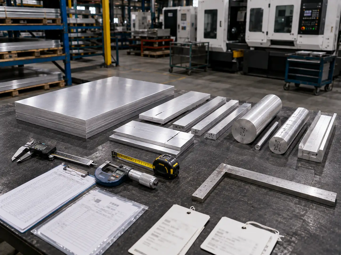 AA 7075-T6 Incoming Inspection and Grade Identification Incoming inspection of AA 7075-T6 aluminum with measuring tools and material certification documents
