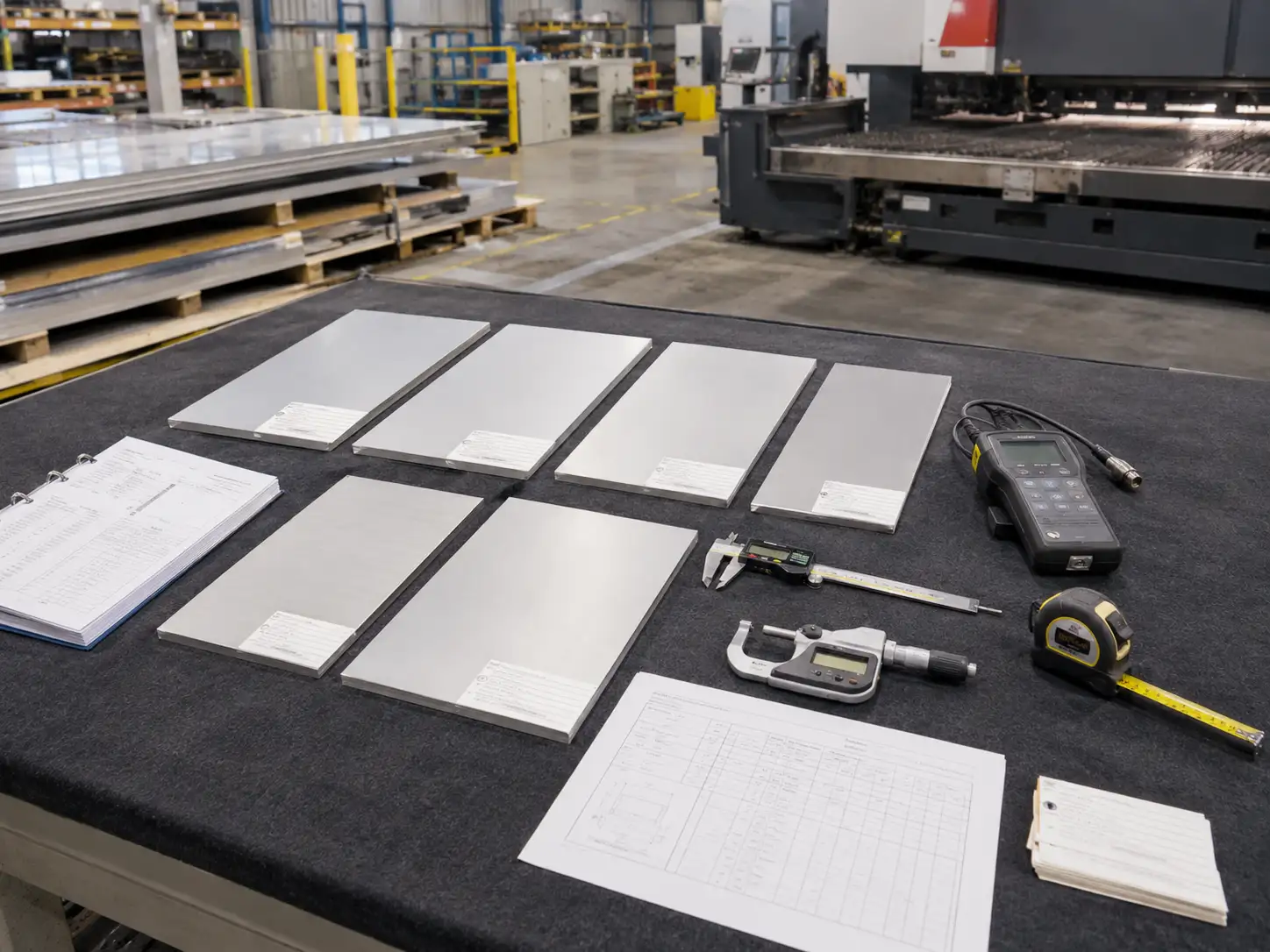 AA3003 Aluminum Incoming Inspection and Grade Identification Incoming inspection of AA3003 aluminum sheet with measuring tools and material certification documents