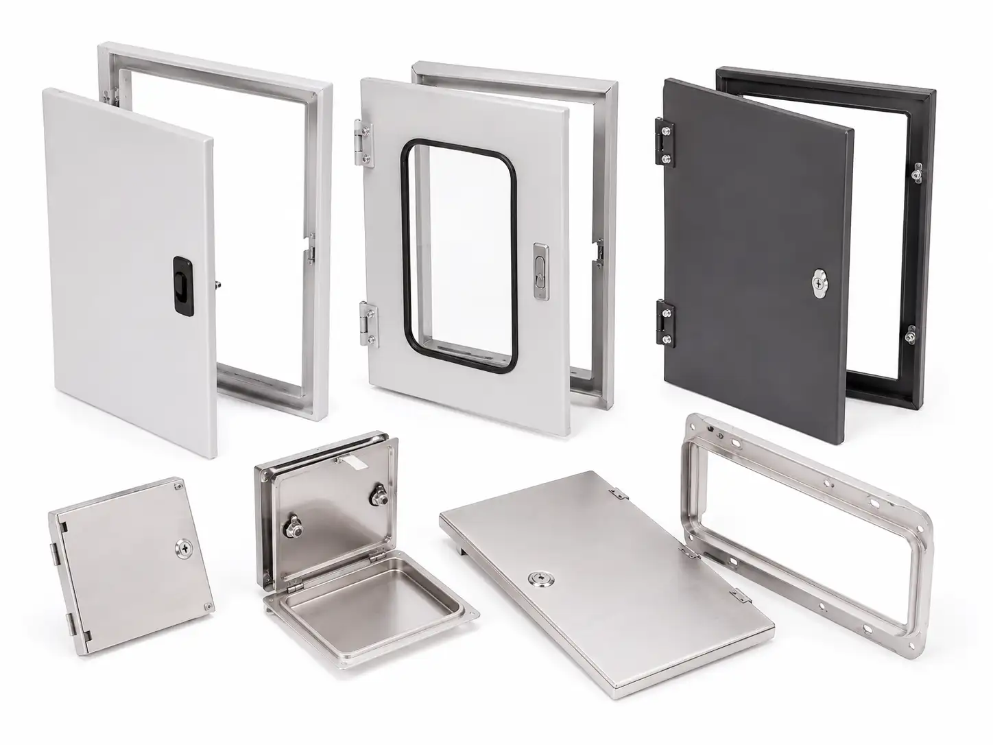 Sheet metal access doors and service structures for industrial automation equipment