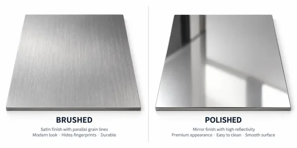 Comparison of brushed finish with directional grain lines versus polished mirror finish