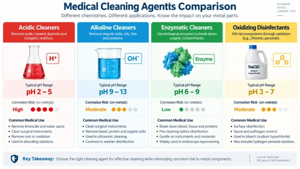 Comparison chart showing four types of medical cleaning agents with pH ranges and corrosion risk levels
